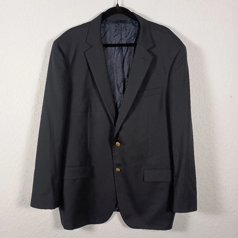 Brooks Brothers Madison Fit Black 100% Wool Blazer 48L‎ Gold Buttons Italy